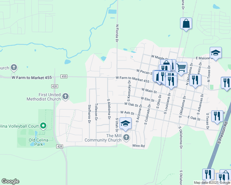 map of restaurants, bars, coffee shops, grocery stores, and more near 320 South Alabama Street in Celina