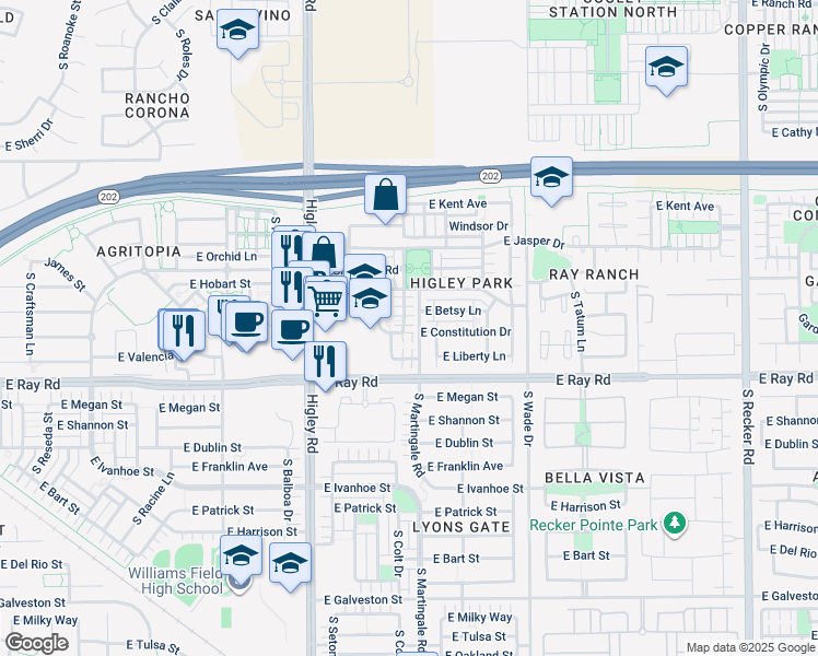 map of restaurants, bars, coffee shops, grocery stores, and more near 3394 East Liberty Lane in Gilbert