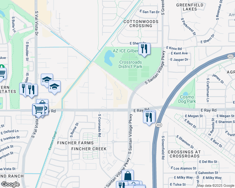 map of restaurants, bars, coffee shops, grocery stores, and more near 15810 East Ray Road in Gilbert