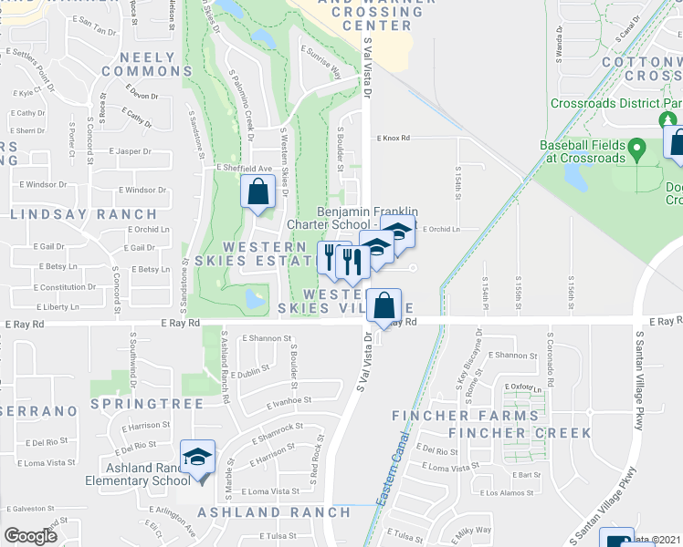 map of restaurants, bars, coffee shops, grocery stores, and more near 1534 East Ray Road in Gilbert