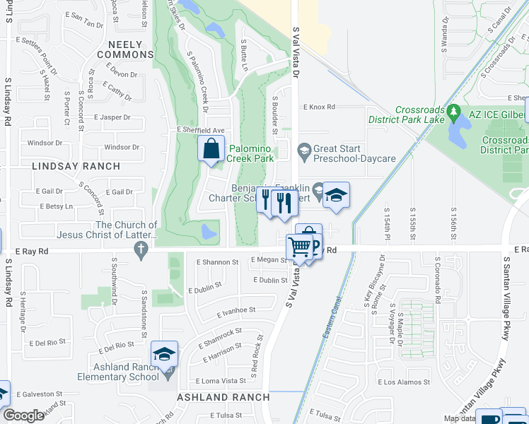map of restaurants, bars, coffee shops, grocery stores, and more near 1534 East Ray Road in Gilbert