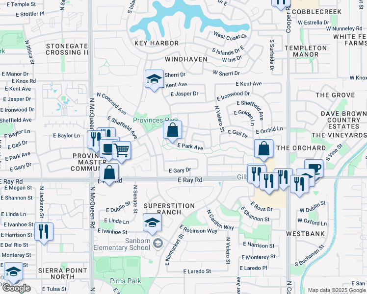 map of restaurants, bars, coffee shops, grocery stores, and more near 1482 East Constitution Drive in Chandler