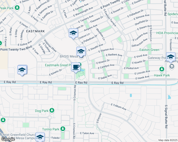 map of restaurants, bars, coffee shops, grocery stores, and more near Eastmark Parkway in Mesa
