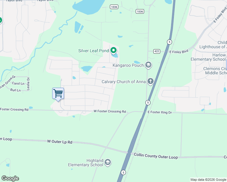 map of restaurants, bars, coffee shops, grocery stores, and more near 651 Cherry Blossom Street in Anna