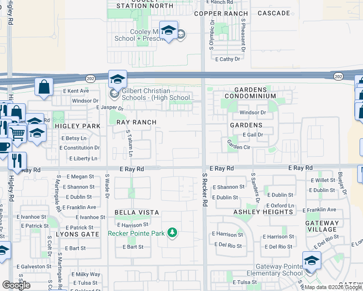 map of restaurants, bars, coffee shops, grocery stores, and more near 3896 East Liberty Lane in Gilbert