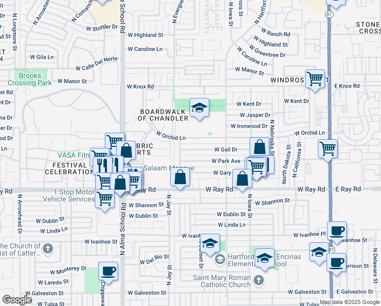 map of restaurants, bars, coffee shops, grocery stores, and more near 749 West Park Avenue in Chandler
