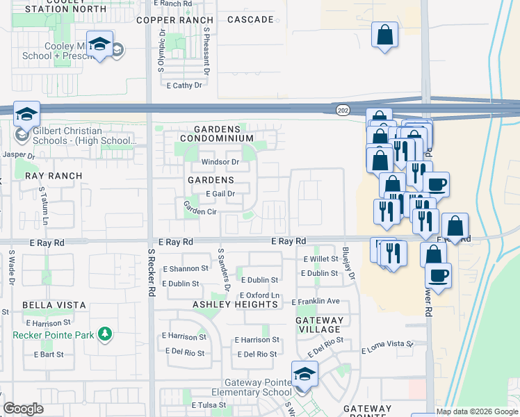 map of restaurants, bars, coffee shops, grocery stores, and more near 1542 South Jacana Lane in Gilbert