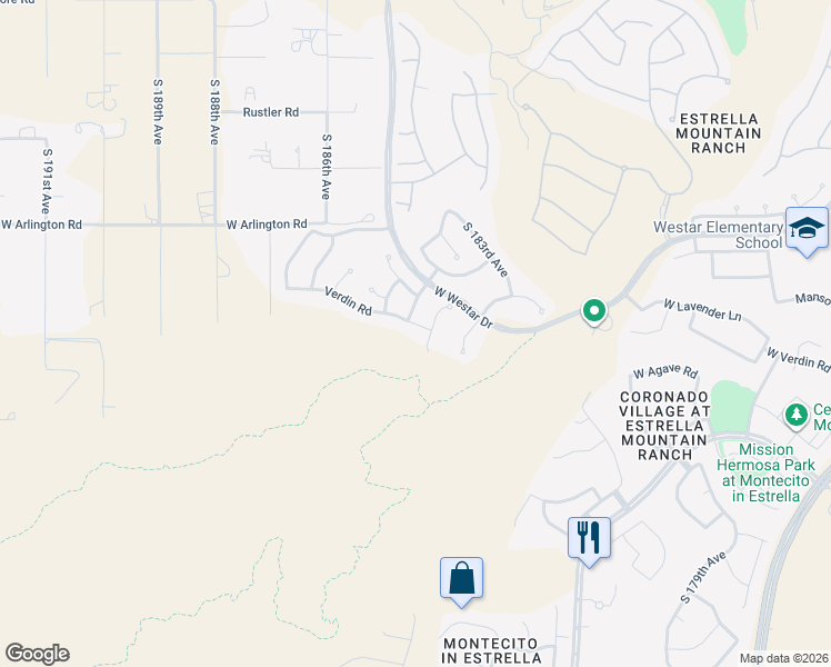 map of restaurants, bars, coffee shops, grocery stores, and more near 13652 South 183rd Drive in Goodyear