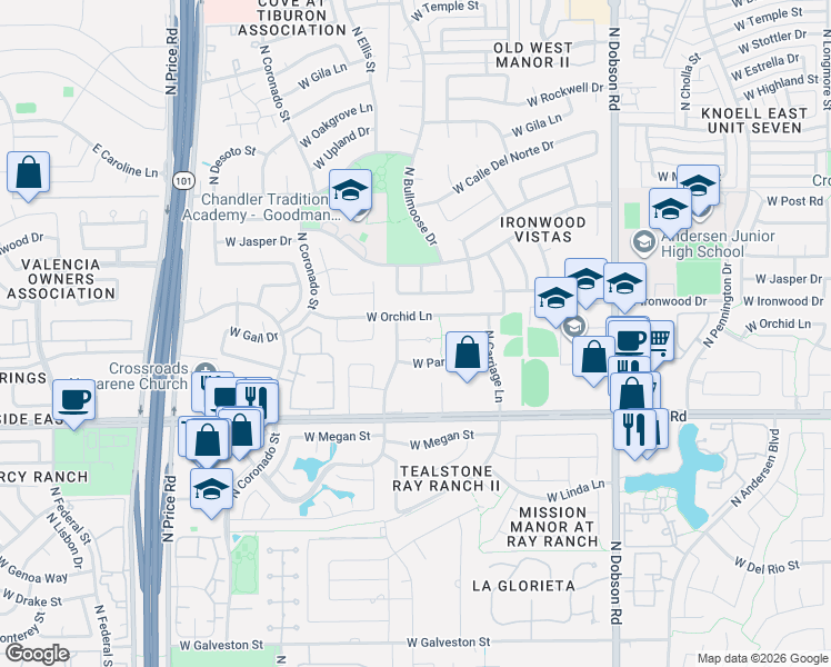 map of restaurants, bars, coffee shops, grocery stores, and more near 2386 West Park Avenue in Chandler