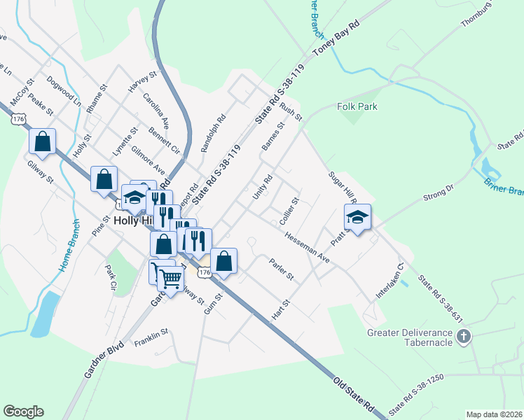 map of restaurants, bars, coffee shops, grocery stores, and more near 729 Hesseman Avenue in Holly Hill