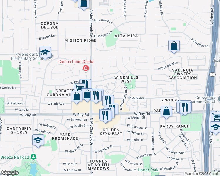 map of restaurants, bars, coffee shops, grocery stores, and more near 3939 West Windmills Boulevard in Chandler