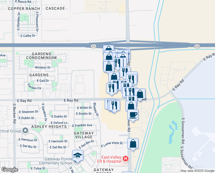 map of restaurants, bars, coffee shops, grocery stores, and more near 4684 East Ray Road in Gilbert