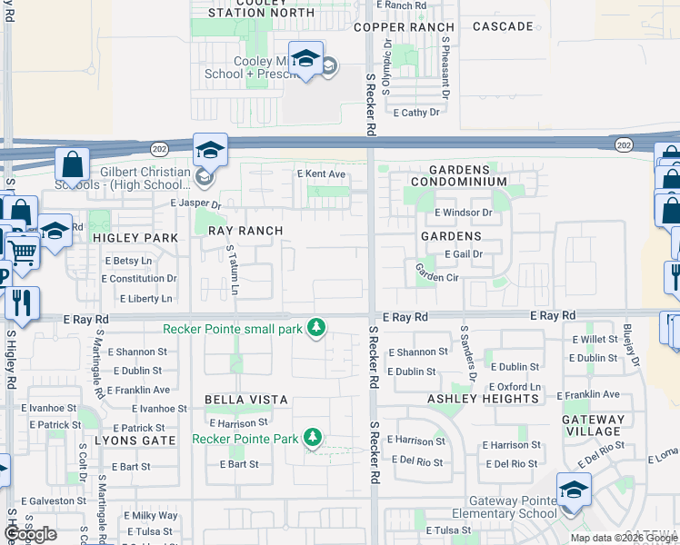 map of restaurants, bars, coffee shops, grocery stores, and more near 3964 East Liberty Lane in Gilbert
