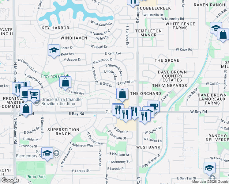 map of restaurants, bars, coffee shops, grocery stores, and more near 1851 East Countrywalk Lane in Chandler