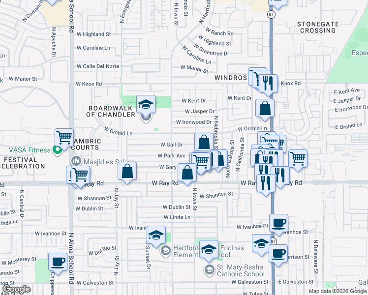 map of restaurants, bars, coffee shops, grocery stores, and more near 533 West Park Avenue in Chandler