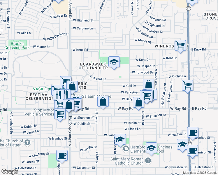 map of restaurants, bars, coffee shops, grocery stores, and more near 749 West Park Avenue in Chandler