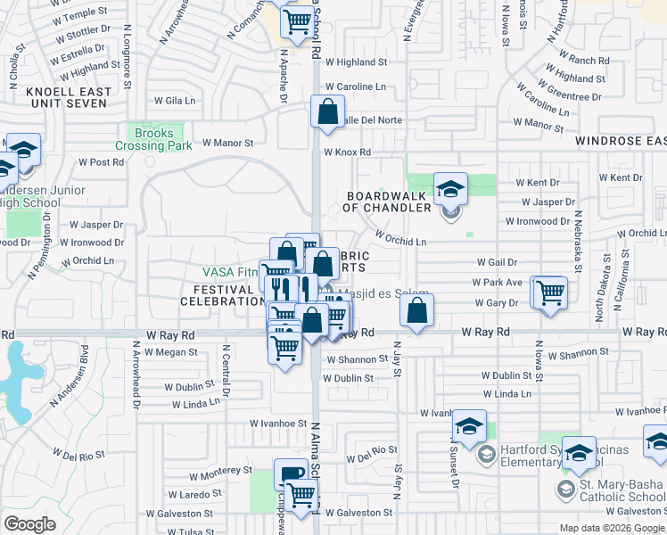 map of restaurants, bars, coffee shops, grocery stores, and more near 959 West Park Avenue in Chandler