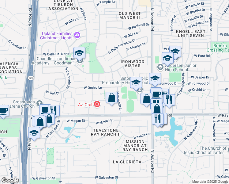 map of restaurants, bars, coffee shops, grocery stores, and more near 2306 West Park Avenue in Chandler