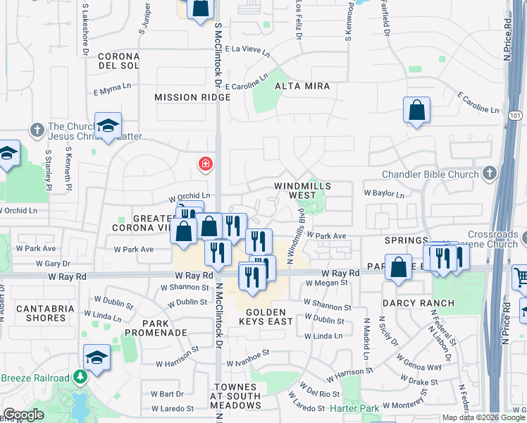map of restaurants, bars, coffee shops, grocery stores, and more near 3962 West Roundabout Circle in Chandler