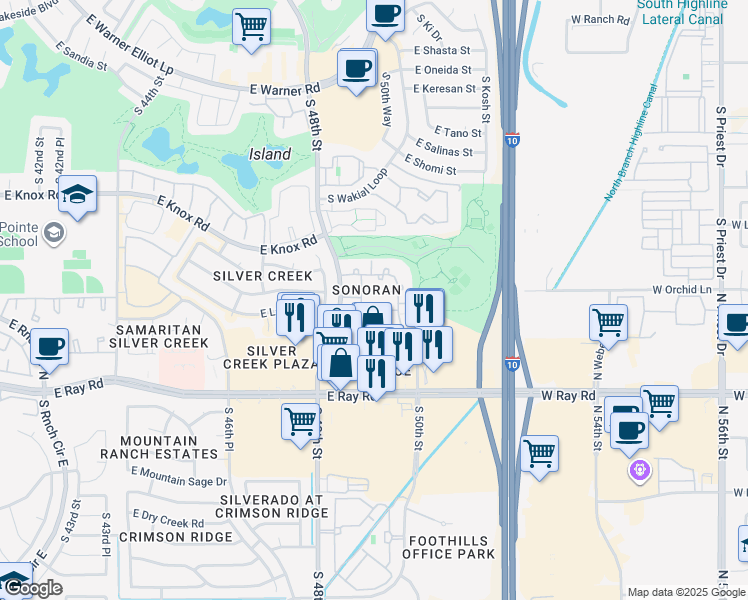 map of restaurants, bars, coffee shops, grocery stores, and more near 4940 E Ray Rd in Phoenix
