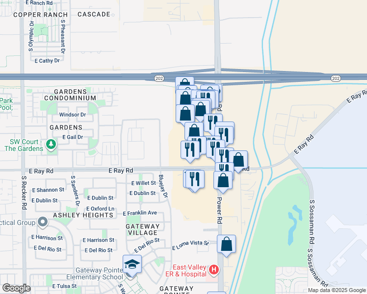 map of restaurants, bars, coffee shops, grocery stores, and more near 5110 South Power Road in Mesa