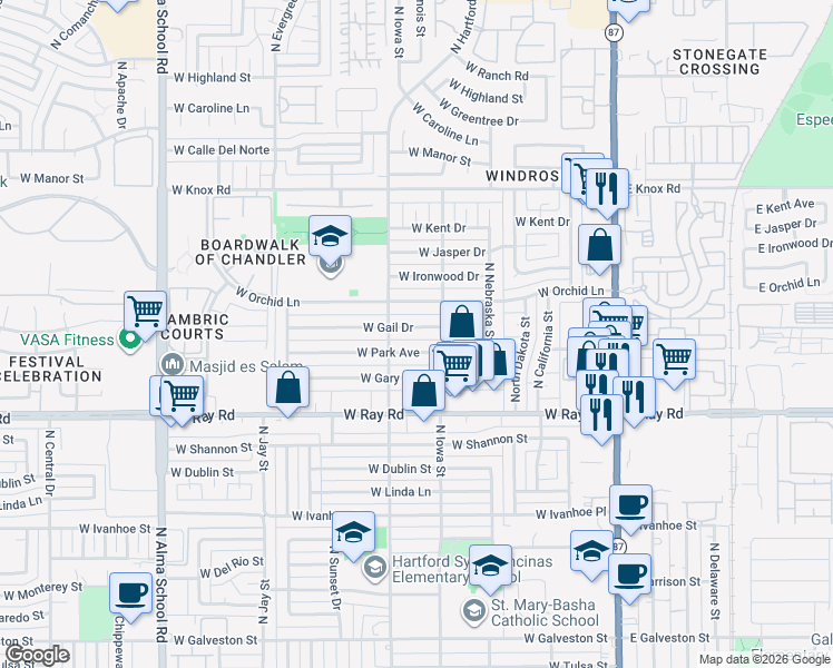 map of restaurants, bars, coffee shops, grocery stores, and more near 533 West Park Avenue in Chandler