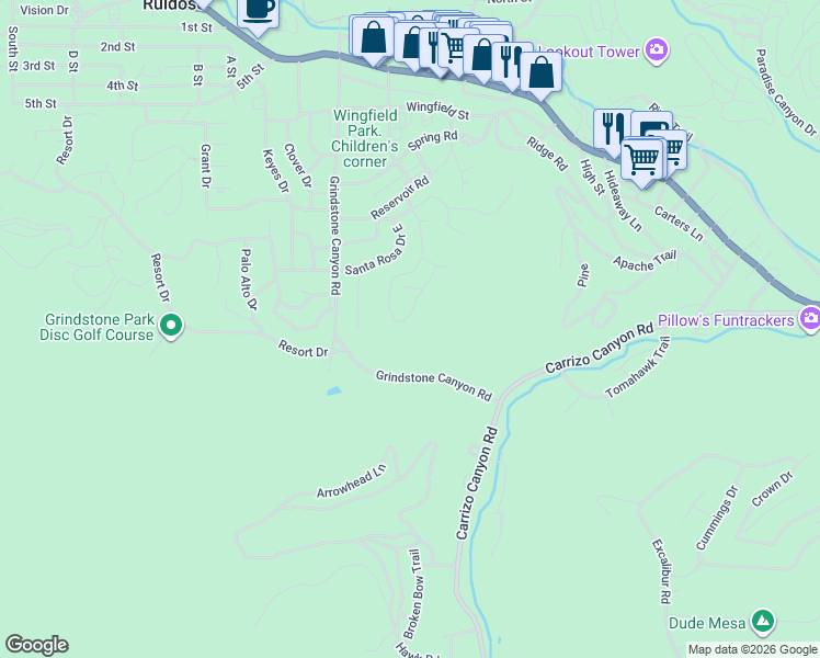 map of restaurants, bars, coffee shops, grocery stores, and more near 732 Center Street in Ruidoso