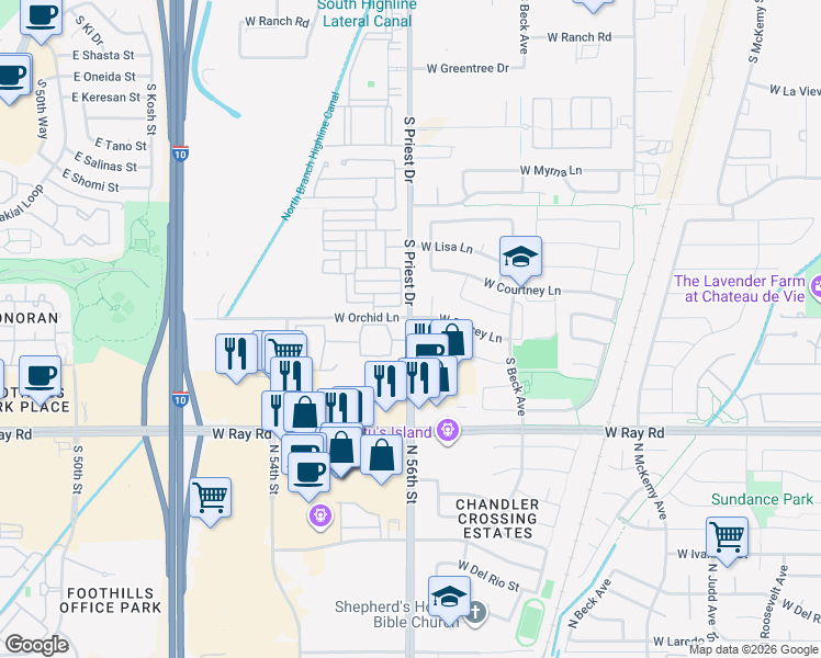 map of restaurants, bars, coffee shops, grocery stores, and more near 9779 North Priest Drive in Chandler