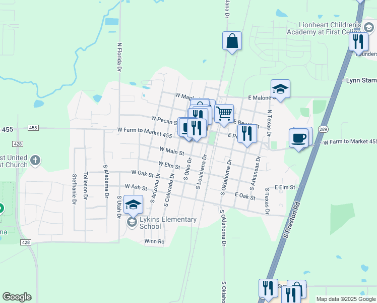 map of restaurants, bars, coffee shops, grocery stores, and more near 307 West Elm Street in Celina