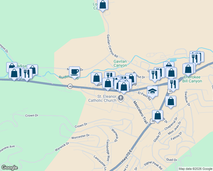 map of restaurants, bars, coffee shops, grocery stores, and more near 136 Reese Drive in Ruidoso