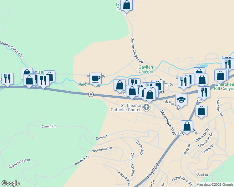 map of restaurants, bars, coffee shops, grocery stores, and more near 101-123 Reese Drive in Ruidoso