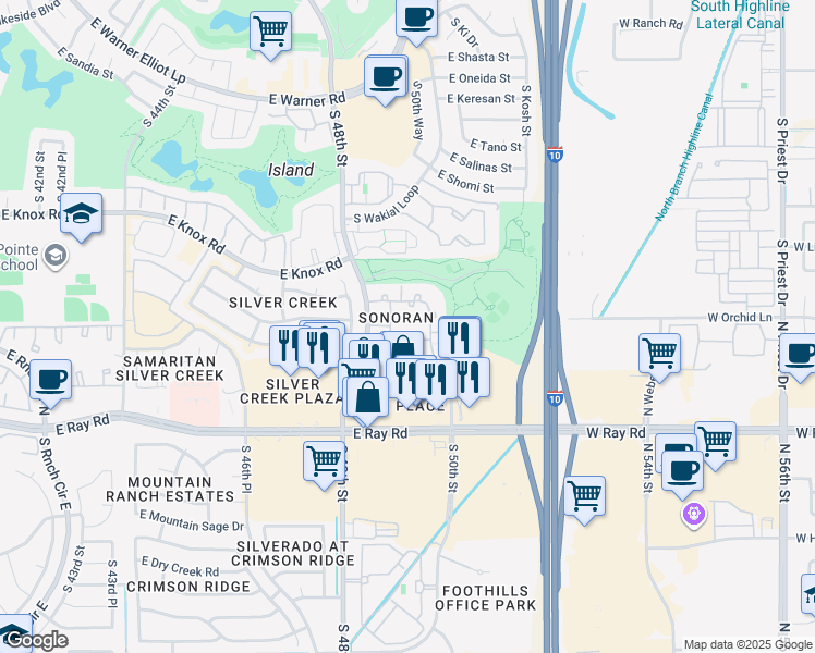 map of restaurants, bars, coffee shops, grocery stores, and more near 13625 South 48th Street in Phoenix