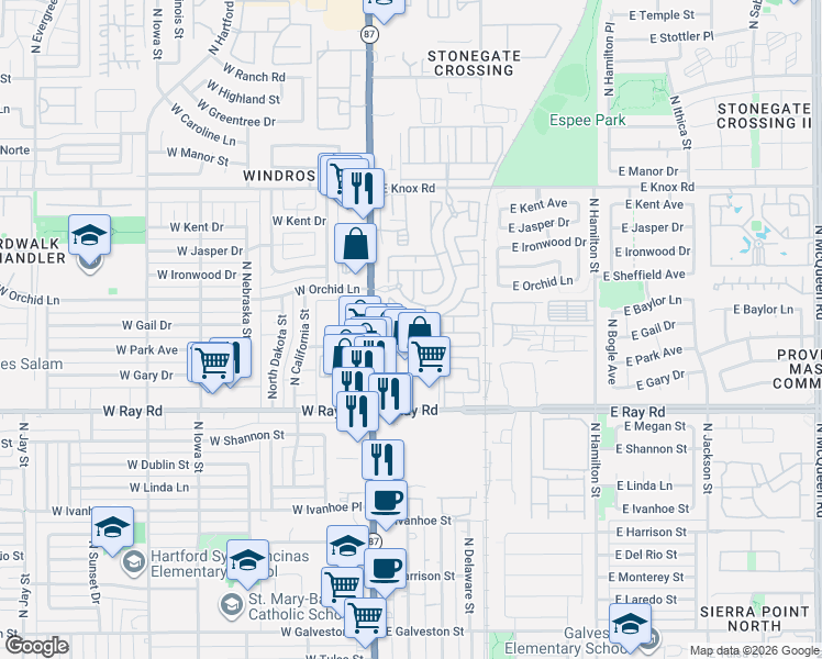 map of restaurants, bars, coffee shops, grocery stores, and more near Unnamed Road in Chandler