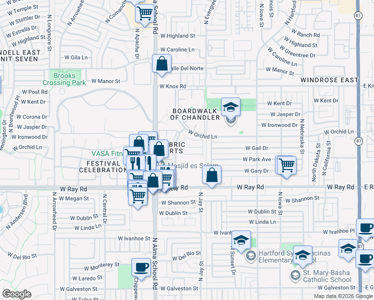 map of restaurants, bars, coffee shops, grocery stores, and more near 873 West Baylor Lane in Chandler