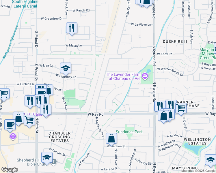 map of restaurants, bars, coffee shops, grocery stores, and more near 6463 West Jasper Drive in Chandler
