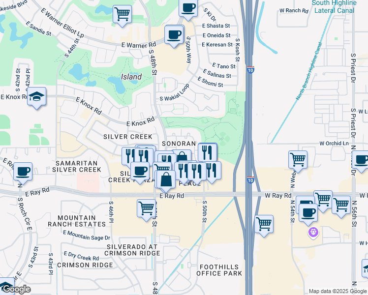 map of restaurants, bars, coffee shops, grocery stores, and more near 13625 South 48th Street in Phoenix