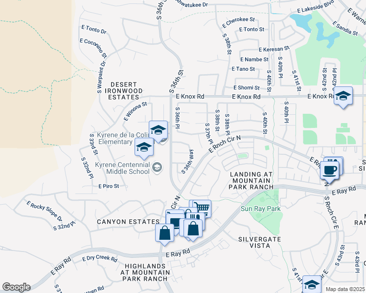 map of restaurants, bars, coffee shops, grocery stores, and more near 3625 East Desert Flower Lane in Phoenix