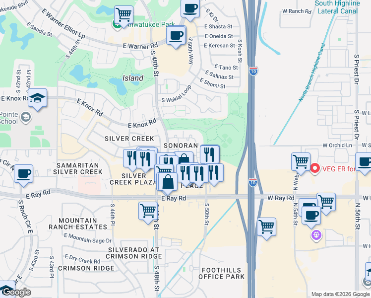 map of restaurants, bars, coffee shops, grocery stores, and more near 13625 South 48th Street in Phoenix
