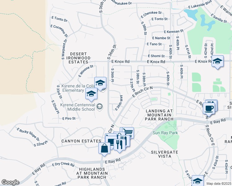 map of restaurants, bars, coffee shops, grocery stores, and more near 3625 East Desert Flower Lane in Phoenix