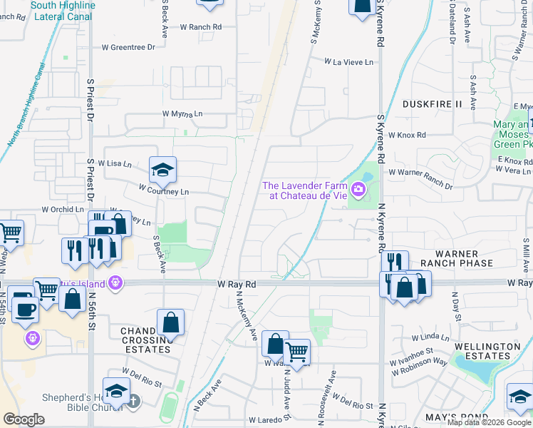 map of restaurants, bars, coffee shops, grocery stores, and more near 6463 West Jasper Drive in Chandler