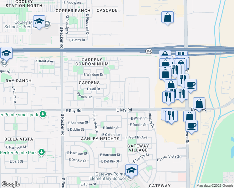 map of restaurants, bars, coffee shops, grocery stores, and more near 1494 South Owl Drive in Gilbert