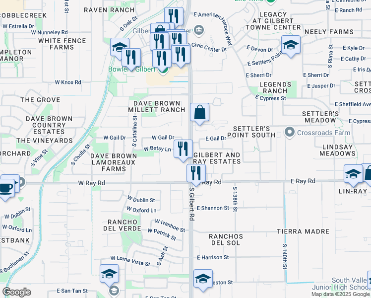 map of restaurants, bars, coffee shops, grocery stores, and more near 1435 South Spartan Street in Gilbert