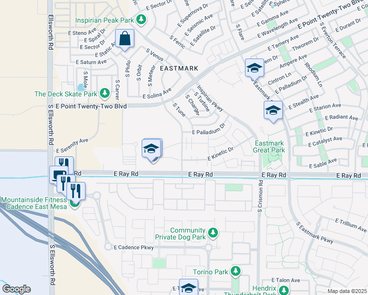 map of restaurants, bars, coffee shops, grocery stores, and more near 9722 East Axle Avenue in Mesa