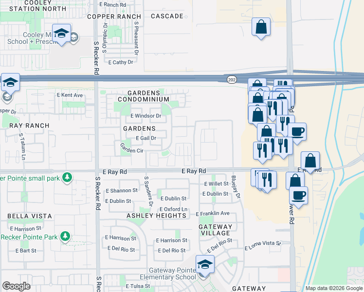 map of restaurants, bars, coffee shops, grocery stores, and more near 1494 South Owl Drive in Gilbert