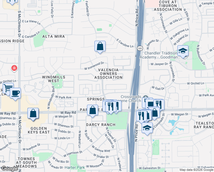 map of restaurants, bars, coffee shops, grocery stores, and more near 3260 West Golden Lane in Chandler