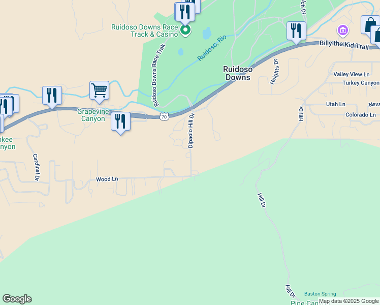 map of restaurants, bars, coffee shops, grocery stores, and more near 114 Dipaolo Hill Drive in Ruidoso Downs