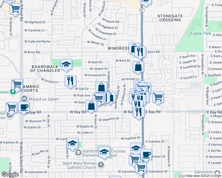 map of restaurants, bars, coffee shops, grocery stores, and more near 233 West Orchid Lane in Chandler