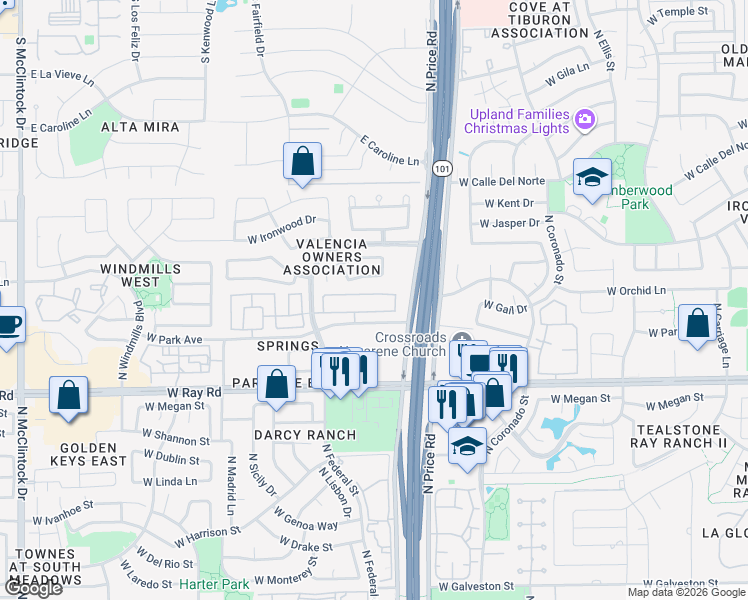 map of restaurants, bars, coffee shops, grocery stores, and more near 3101 West Baylor Lane in Chandler