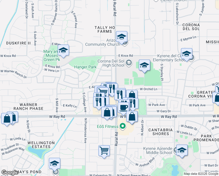 map of restaurants, bars, coffee shops, grocery stores, and more near 9681 South Palm Drive in Tempe