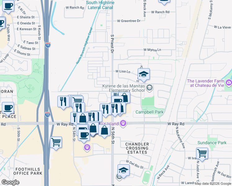 map of restaurants, bars, coffee shops, grocery stores, and more near in Tempe
